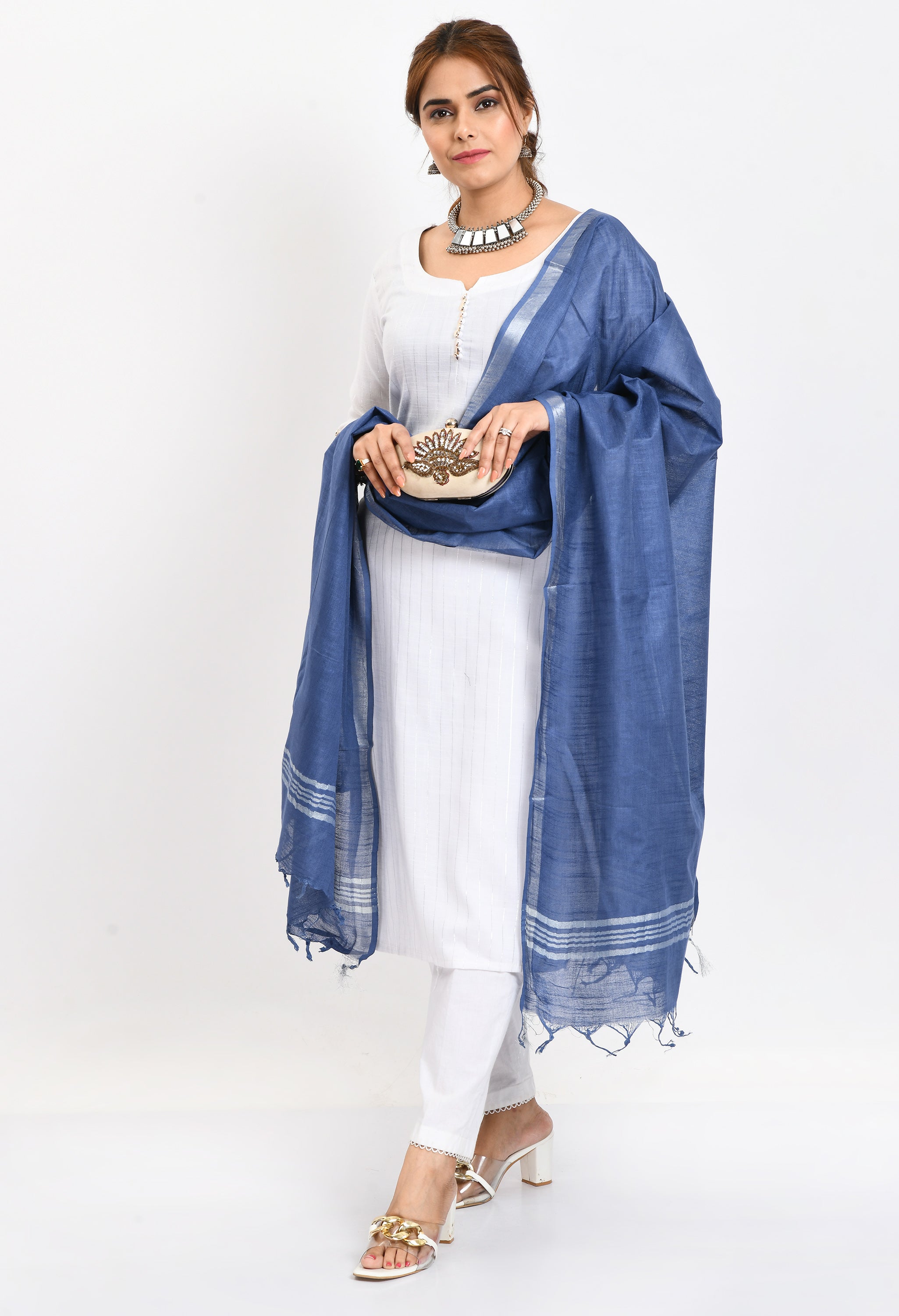 Pure Linen Dupatta – Steel Blue
