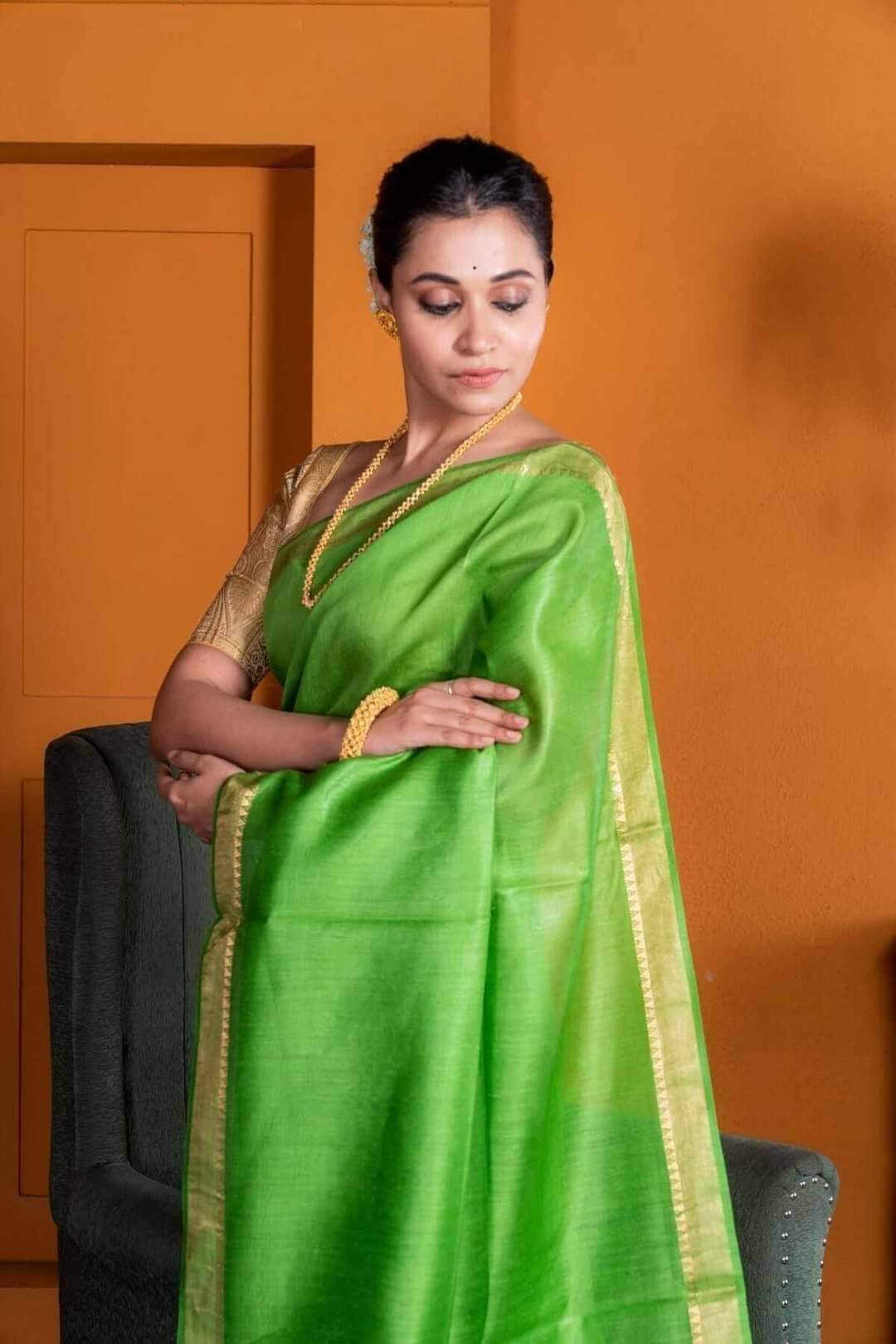 Handwoven Munga Silk Saree with Golden Zari Border | Bhagalpur