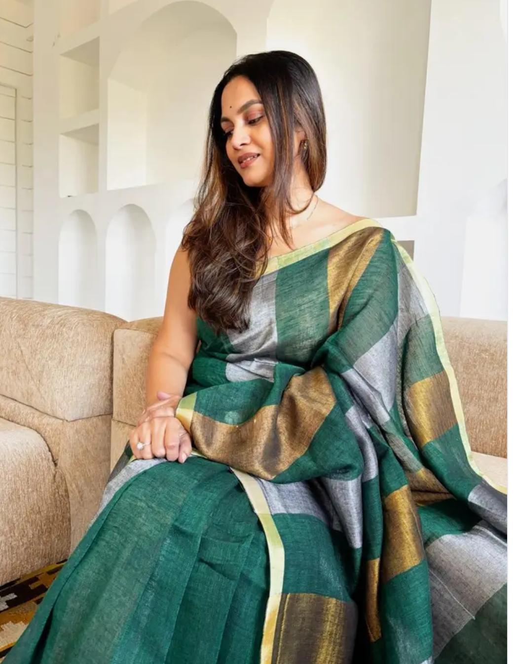 Bhagalpur Handwoven Pure Linen Saree with Copper Zari Border | Bottle Green Multi-Stripe