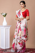 Handwoven Pure Linen Digital Floral Rose Print Saree with Silver Zari Border
