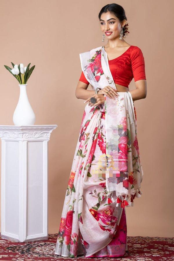 Handwoven Pure Linen Digital Floral Rose Print Saree with Silver Zari Border