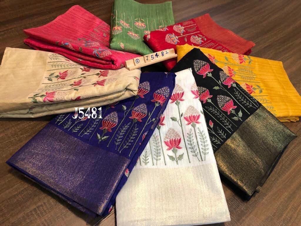 Silk Cotton Embroidery Saree – Lotus Floral Embroidery with Zari Border