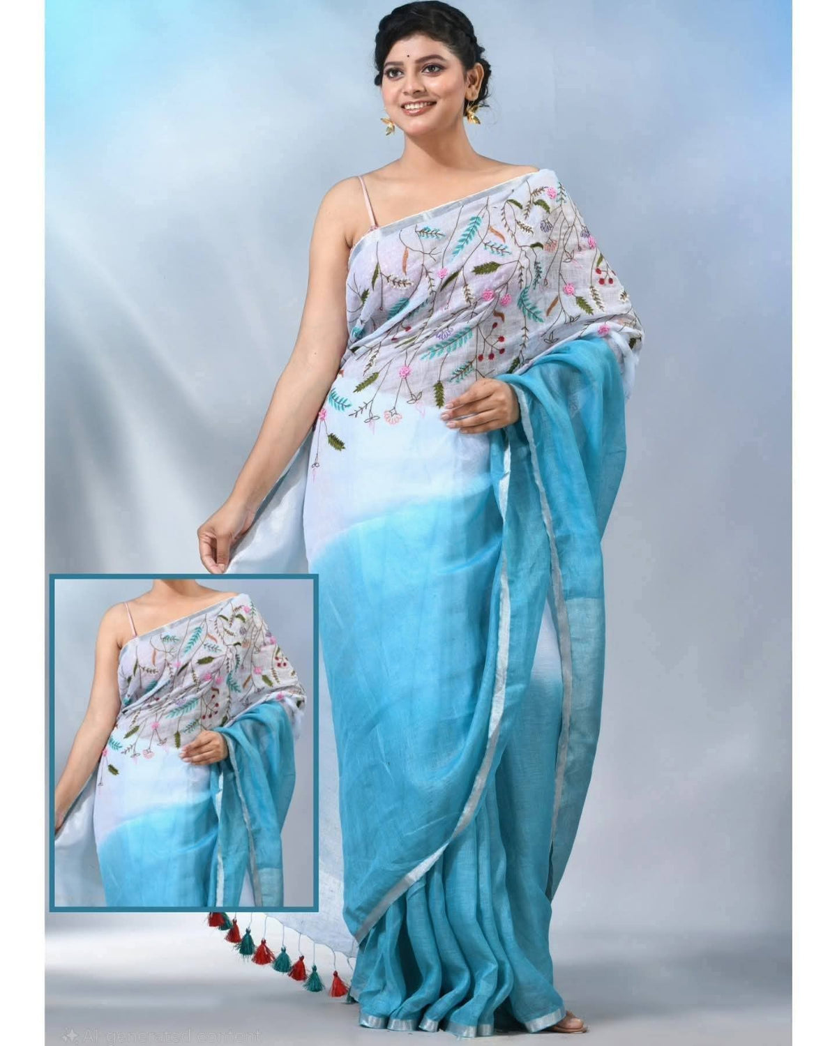 Handwoven Pure Linen Saree with Floral Embroidery & Silver Zari Border