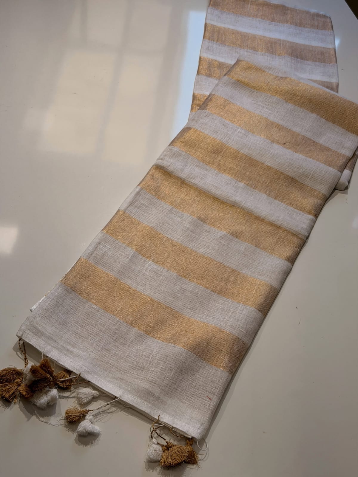 Handwoven Linen Cotton Saree – Golden Zari Stripe