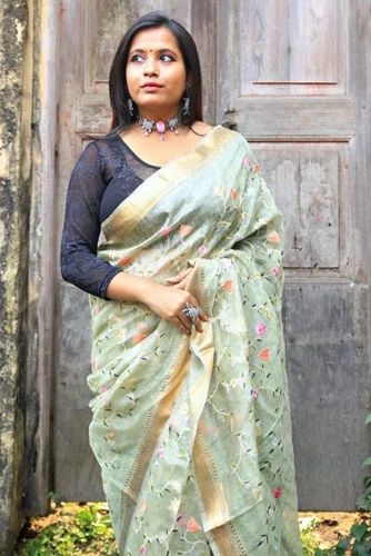 Kota Silk Linen Embroidery Saree with Zari Border /Sage Green