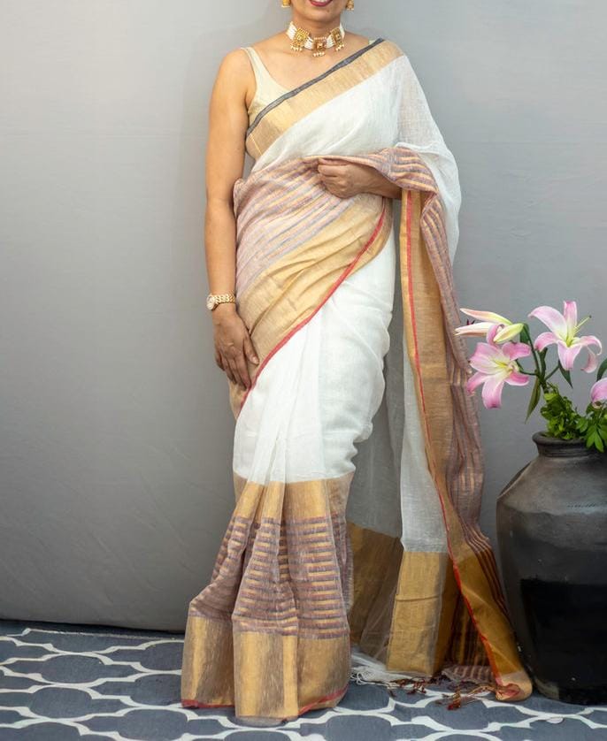 Linen Cotton Handloom Saree – Ganga Jamuna Dupion Zari Border with Red & Black Papin