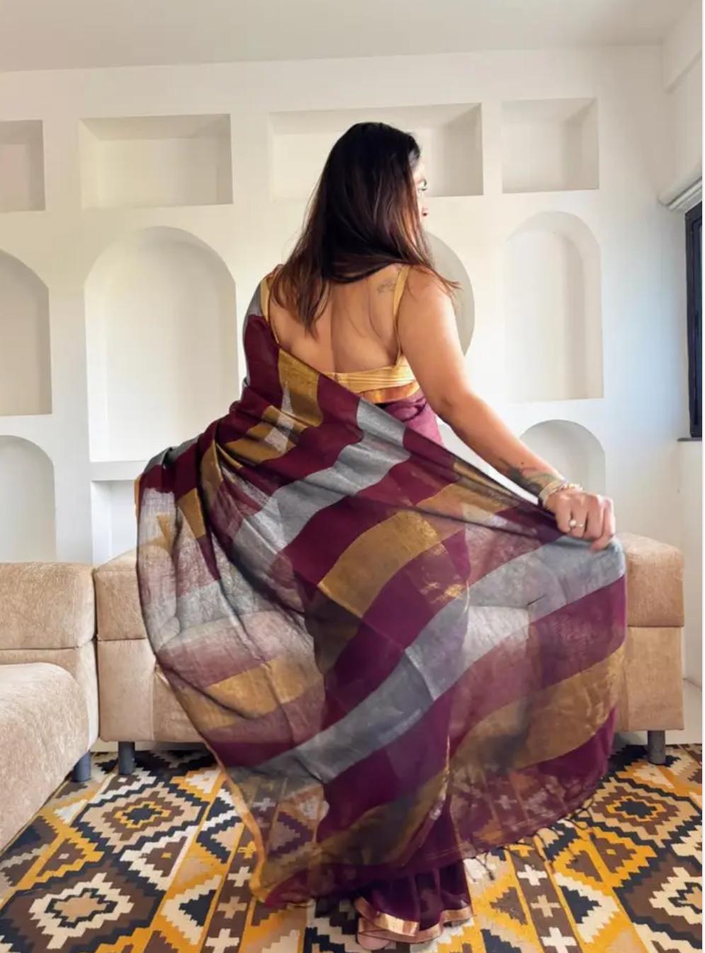 Handwoven Pure Linen Saree with Copper Zari Border | Maroon Multi-Stripe
