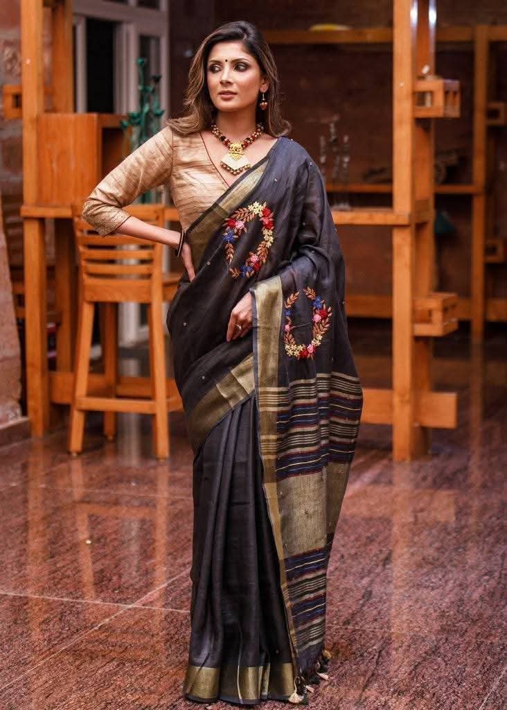 Handwoven Pure Linen Saree with Hand Embroidery Floral Wreath & Golden Zari Border