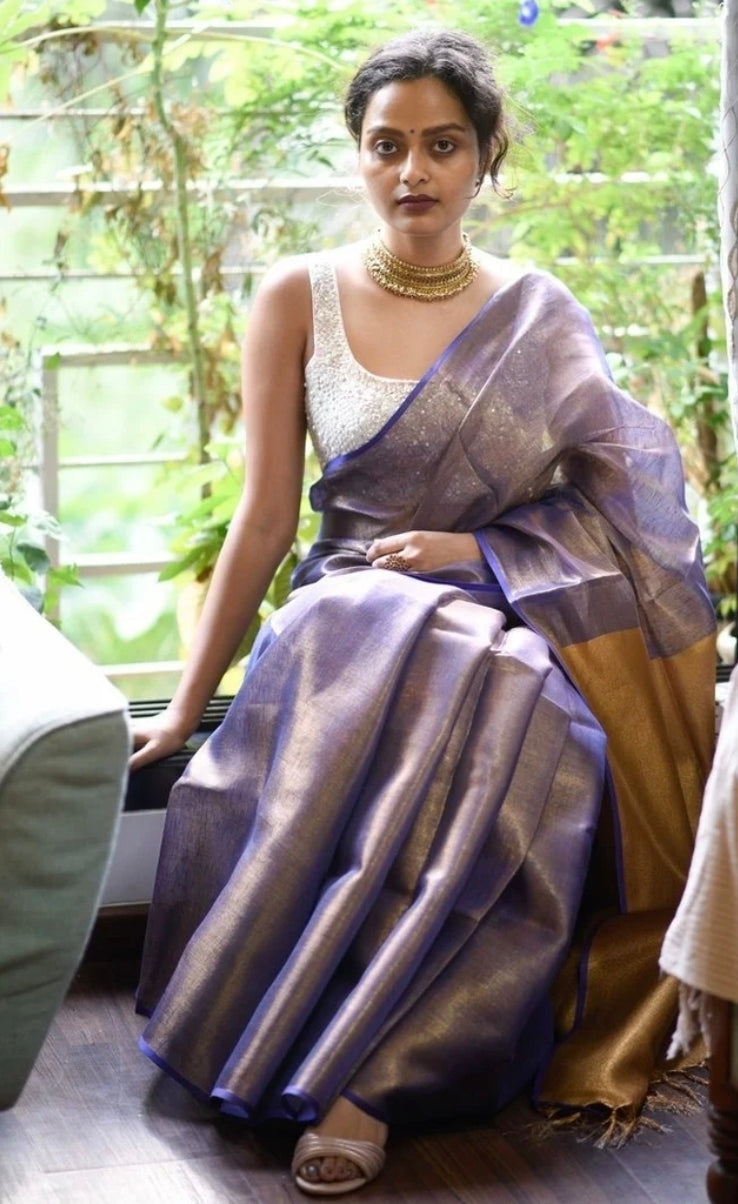Handwoven Tissue Linen Saree with Copper Zari Border