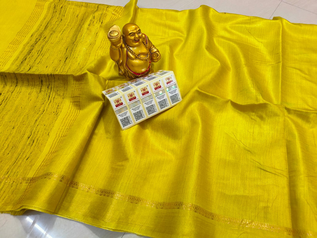 Yellow Handwoven Munga Silk Saree | Golden Zari Border | Silk Mark Certified