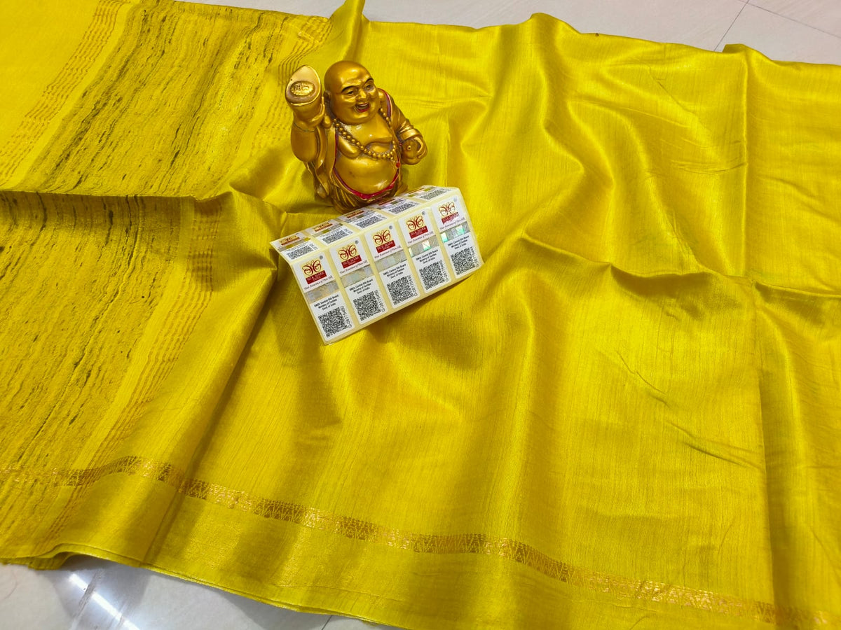 Yellow Handwoven Munga Silk Saree | Golden Zari Border | Silk Mark Certified
