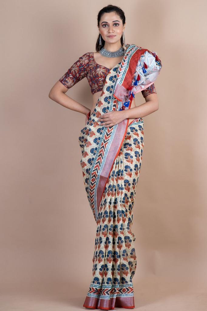Handwoven Pure Linen Digital Print Saree with Silver Zari Border