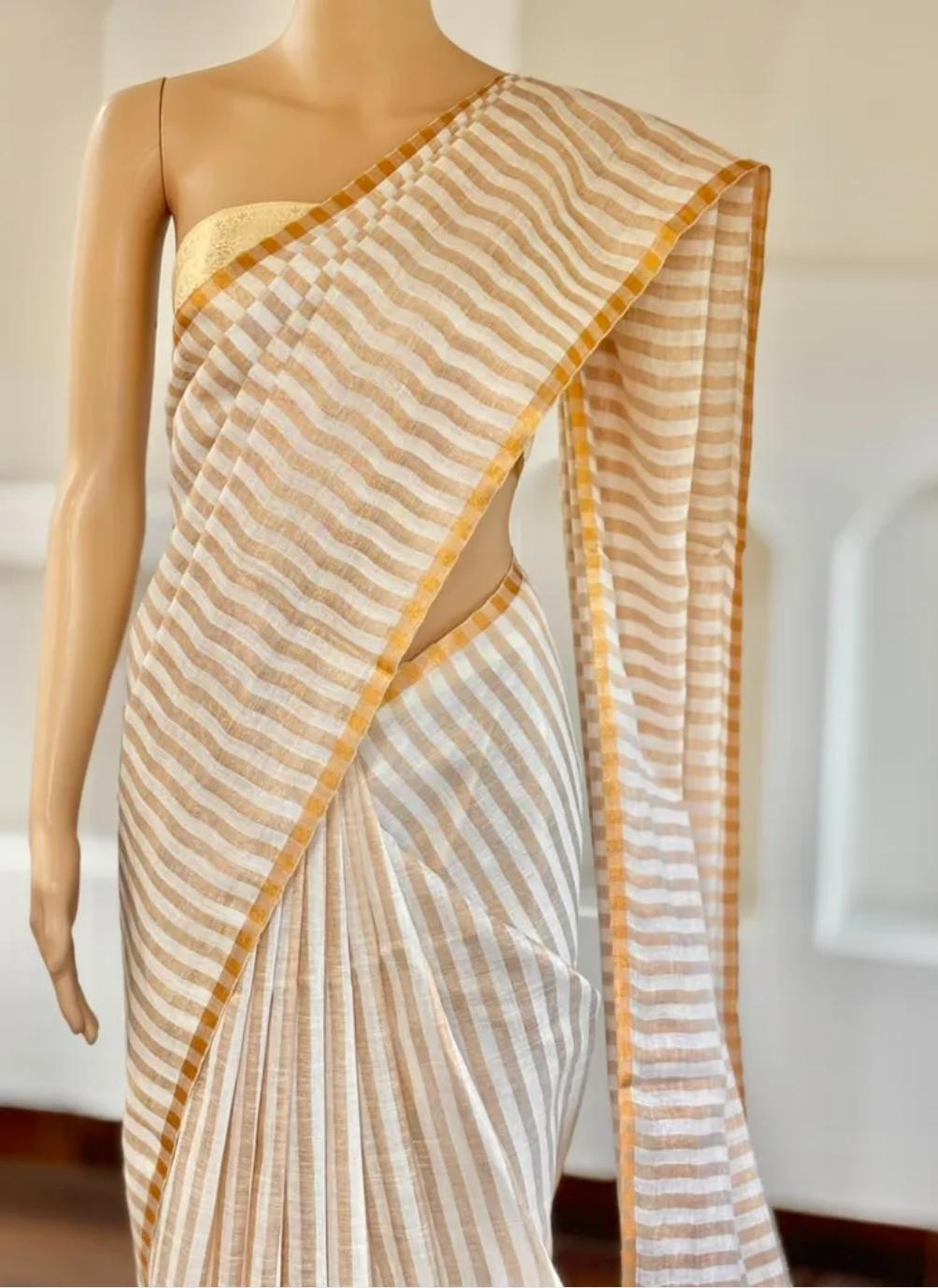 Pure Handloom Linen Saree | White & Beige Stripes with Gold Zari Border