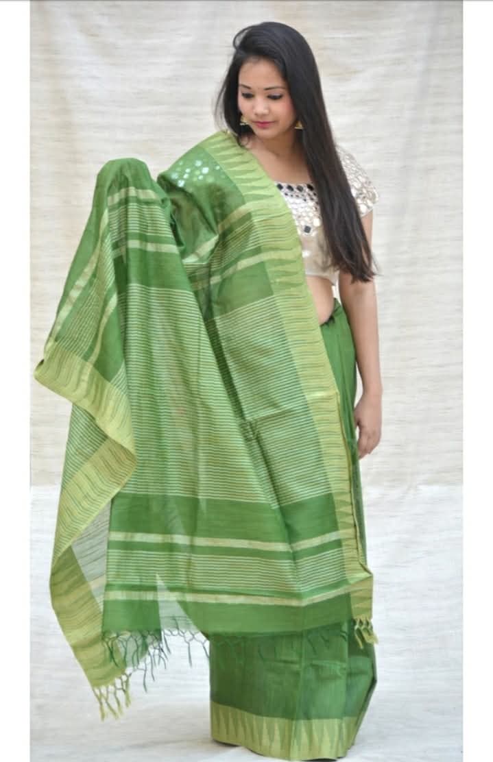 Handwoven Kota Silk Cotton Saree with Temple Border – Olive Green & Hot Pink