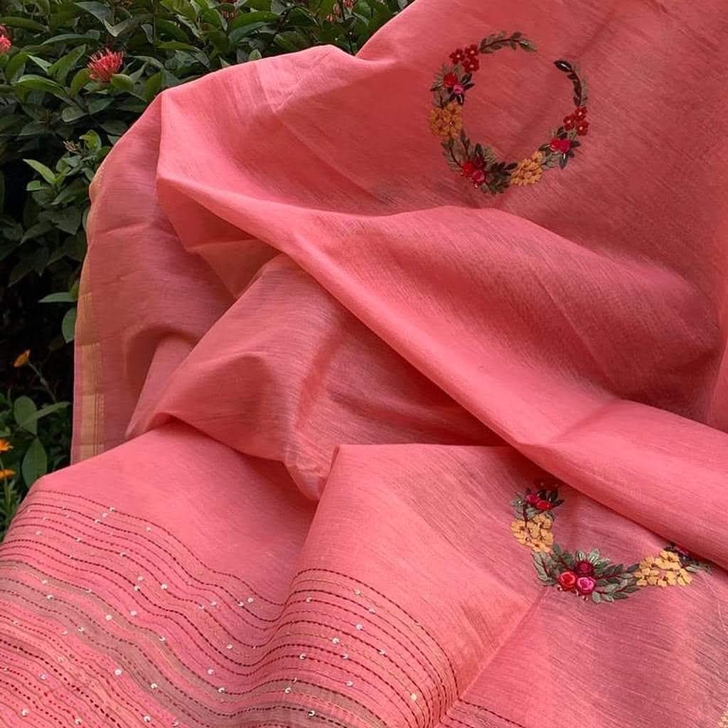 Handwoven Kota Silk Linen Saree with Floral Wreath Hand Embroidery
