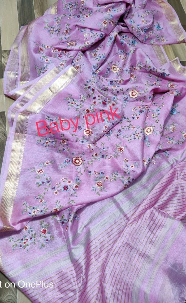 Kota Silk Linen Embroidery Saree with Zari Border | Floral Embroidered