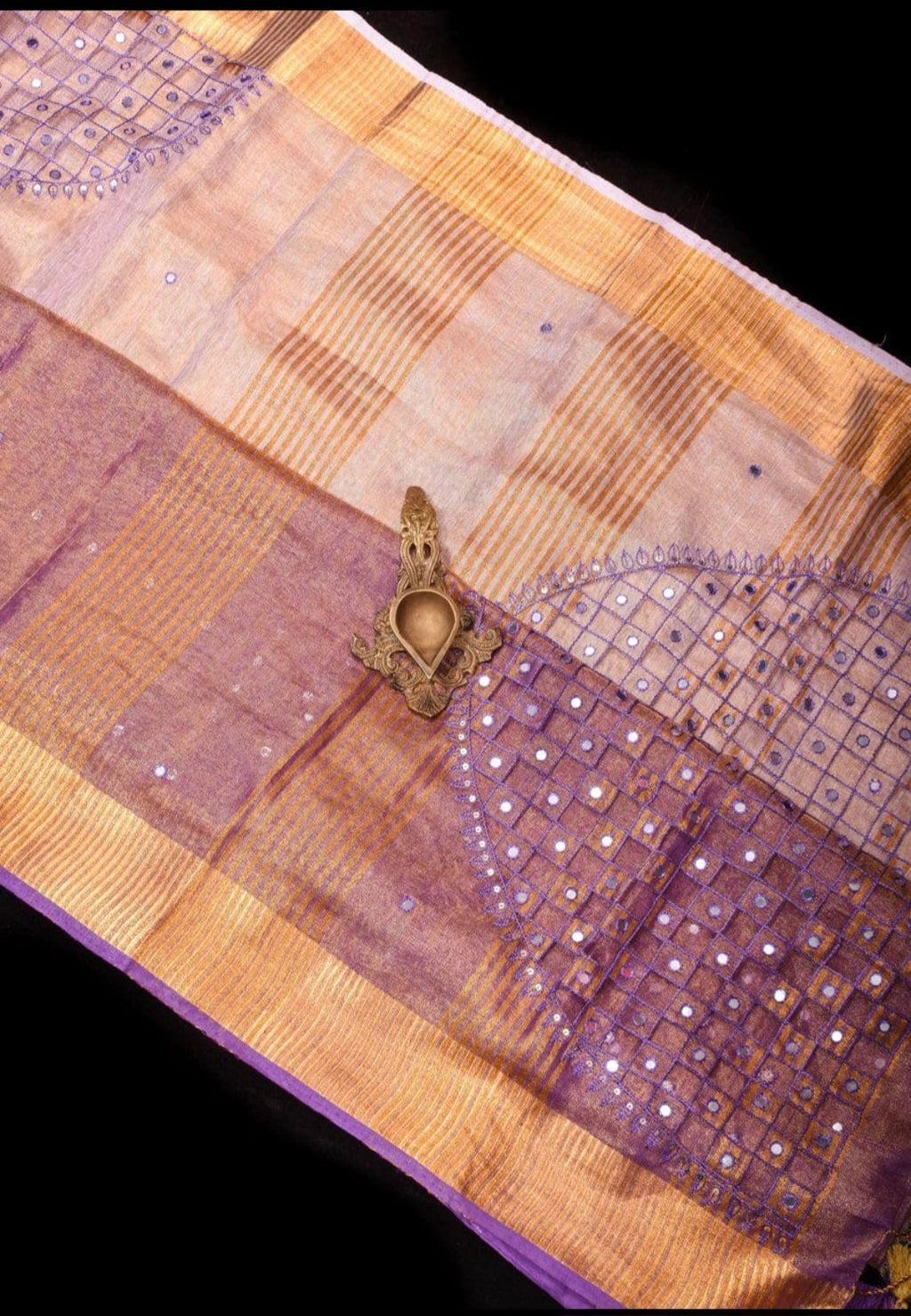 Handwoven Tissue Linen Saree with Cutwork Design & Golden Zari Border