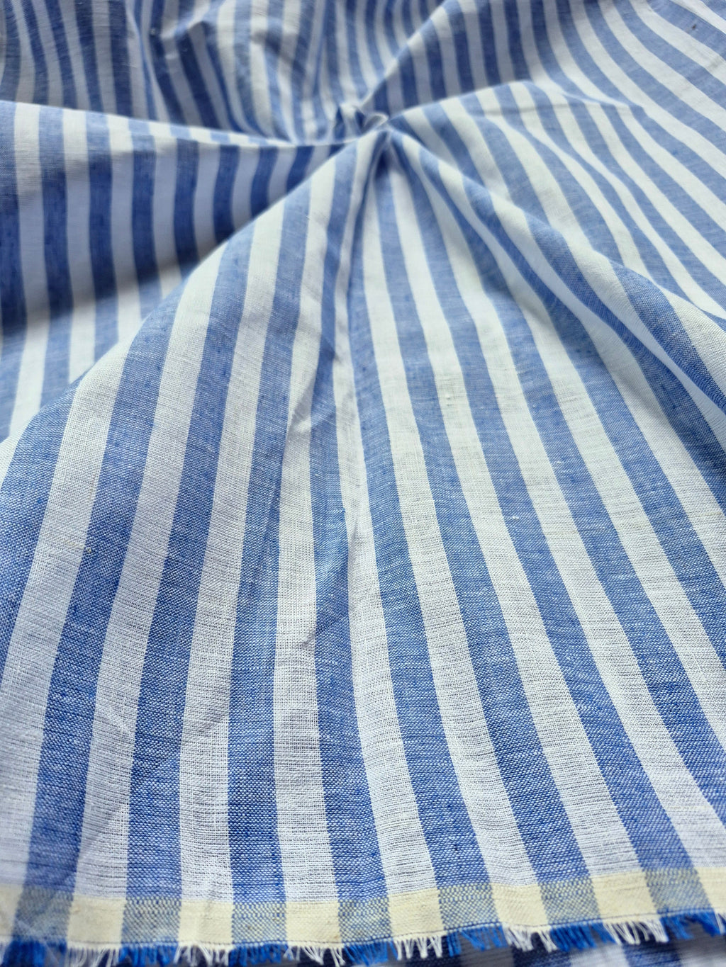 Pure Linen Stripe Shirting Fabric - Blue & White | 60 Lea Count | Handwoven Bhagalpuri