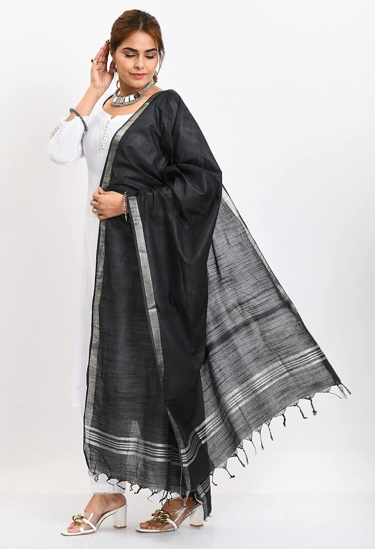 Linen Dupatta with Silver Zari Border